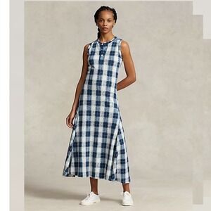 Polo Ralph Lauren Plaid Henley Midi Dress Womens Medium Blue White Waffle Knit